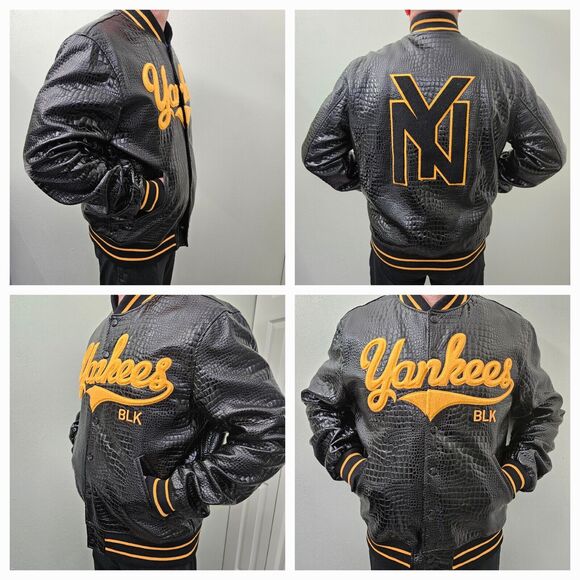 SD Sport NY Yankees Croc Style XL PU Leather Varsity Jacket Black Yellow MLB - Picture 3 of 16
